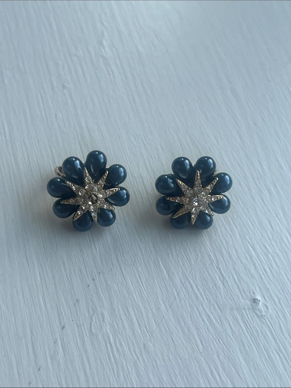 Navy Petal Cluster Earrings with Crystal Star Centers Vintage Mid-Century